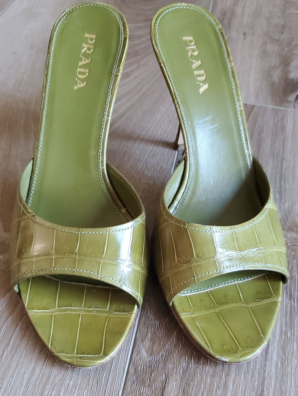Prada Olive Green Croc-Embossed Slide Sandals 38 - Flaw